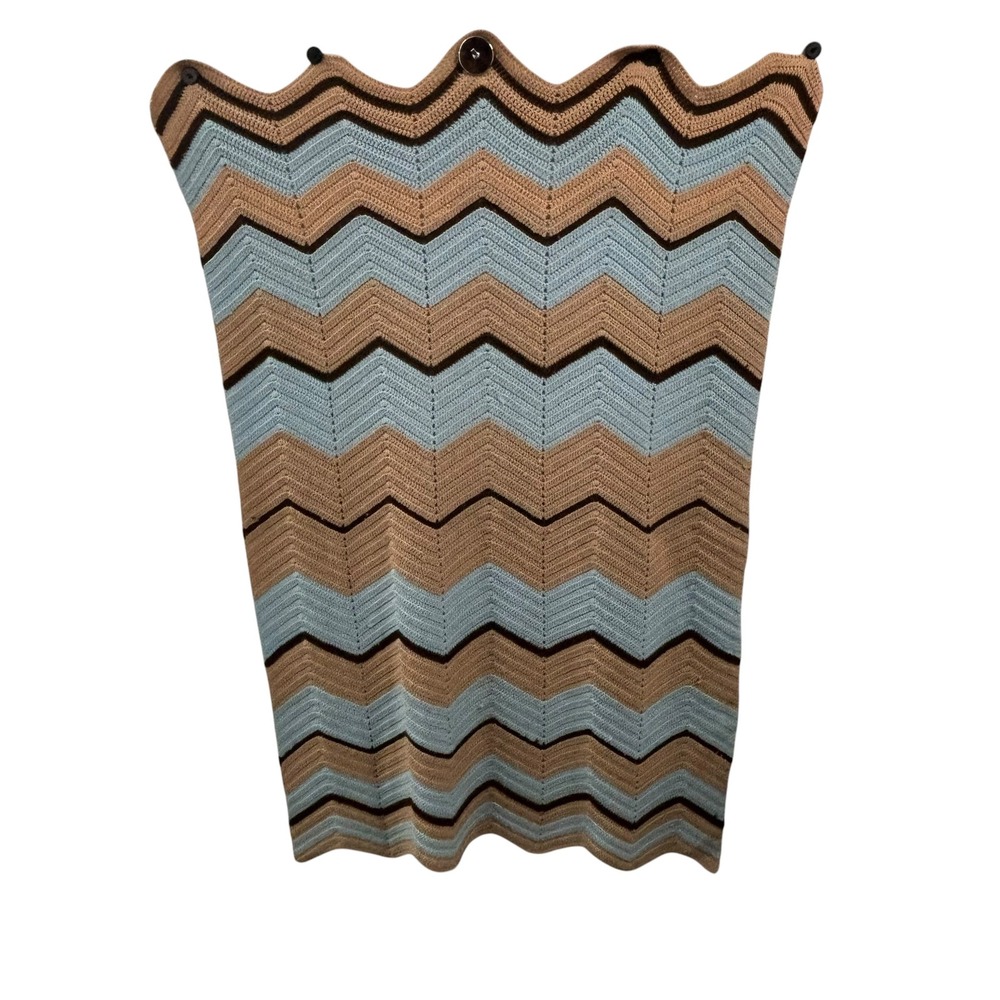 Vintage Handmade Crochet Chevron Ripple Afghan‎ Throw Blanket Blue Brown 51x32